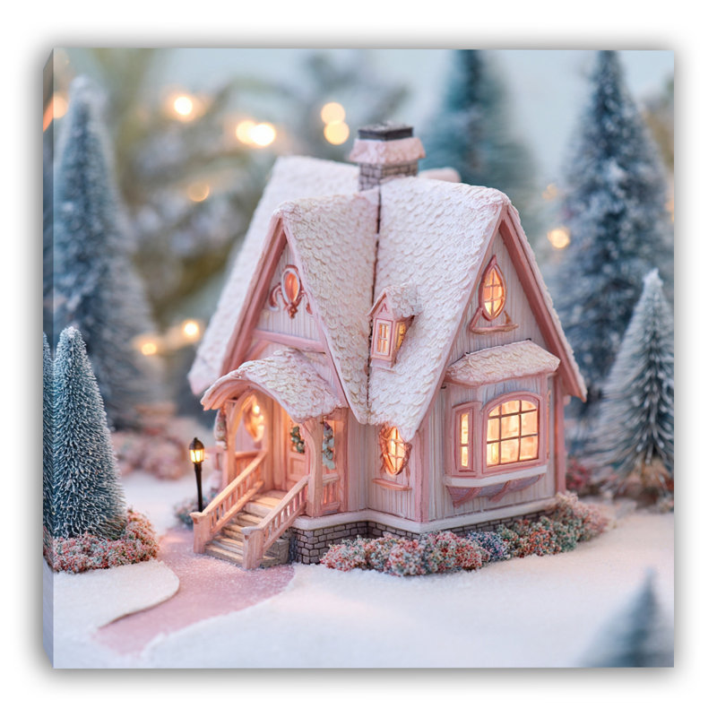 «Pink Winter Cottage III», art mural sur toile tendue, H 12 po x l 12 po
