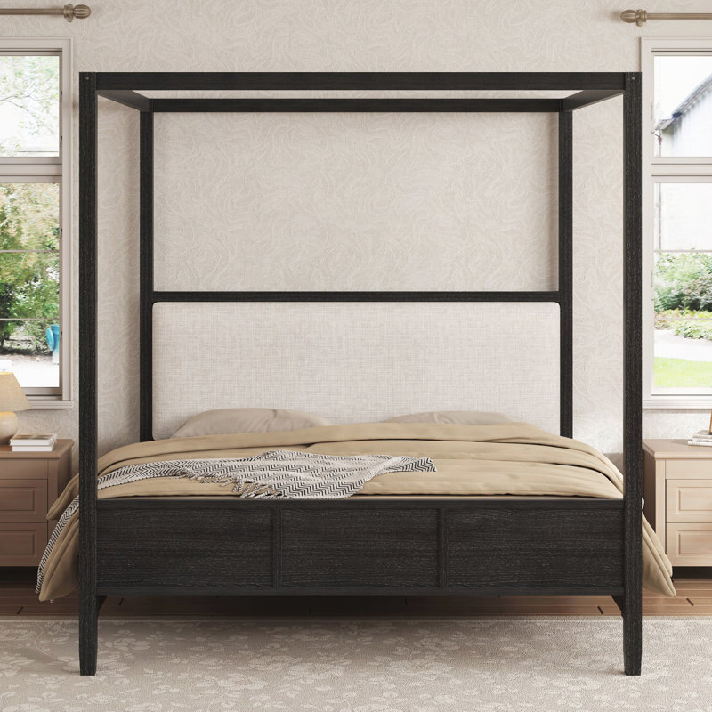 Grand lit plateforme à baldaquin en bois avec tête de lit tapissier, sans sommier tapissier, Queen, Noir