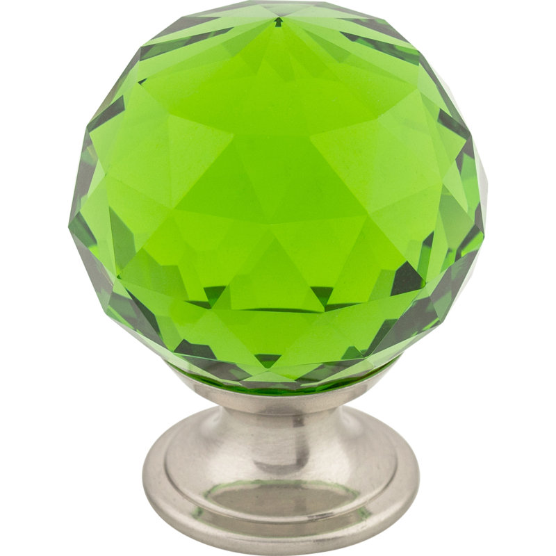 Clear Crystal 1 3/8" Diameter Round Knob, Brushed Satin Nickel, Green
