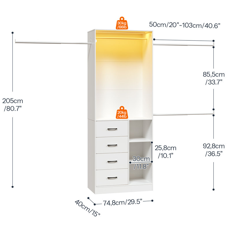 Système d'organisation l 29,5 po à 110,7 po avec tiroirs en bois et 3 tablettes, système d'organisation de garde-robe avec bande lumineuse à DEL, 4 tiroirs et 4 compartiments ouverts pour le garde-robe