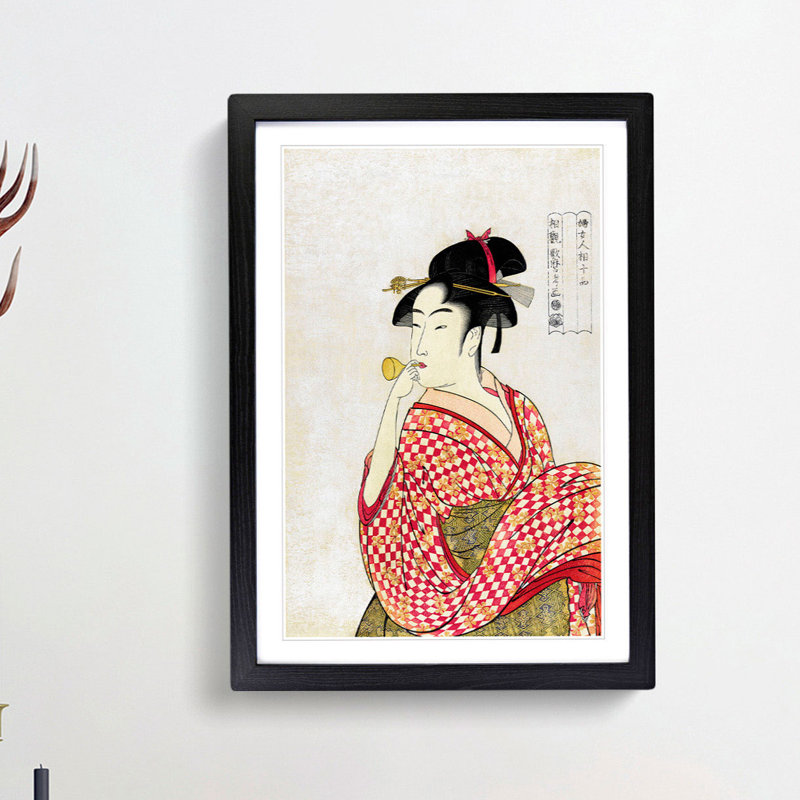 Poppen O Fuku Musume by Kitagawa Utamaro - Picture Frame Painting Print, Black Framed, 65cm H x 48cm W x 2cm D