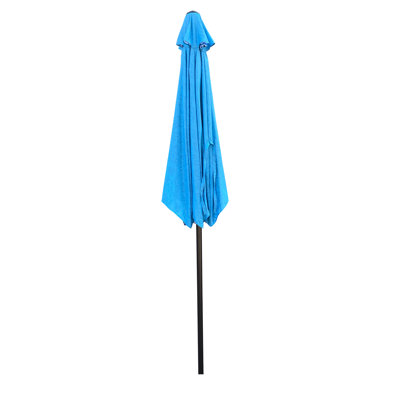 9Ft Garden Shade Umbrella, Blue Ice Pattern Canopy, Hexagon Canopy Shape, Black Base Silver Grain Pole, Push Button Tilt, Crank Lift, Wind Vent, Water And Outdoor Blue, Weather