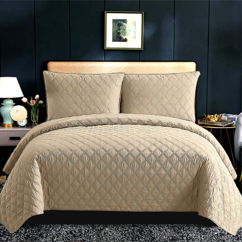 Polyester Solid Colour Bedspread with Pillow Shams, Double Bedspread + 2 Standard Shams, Beige