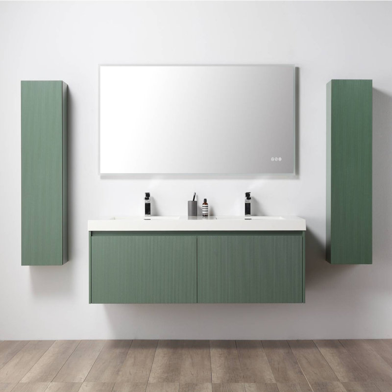 60" Wall Mounted Double Bathroom Vanity with Acrylic Vanity Top and 2 Side Cabinets, Aventurine Green