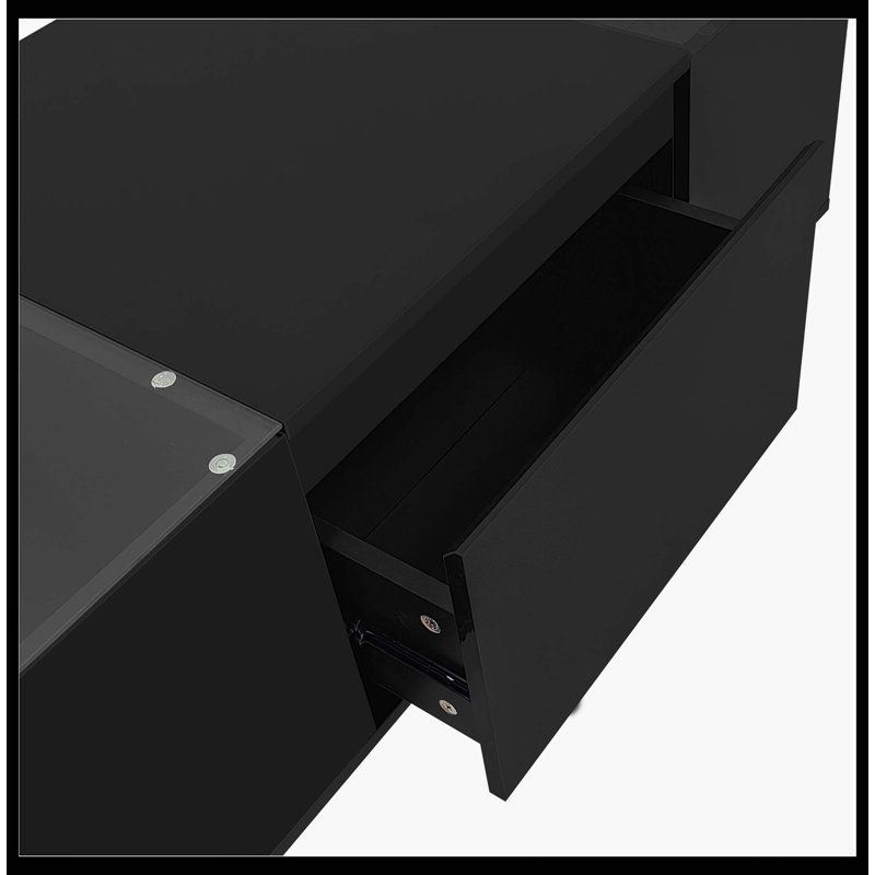 Table basse à DEL, centre de table moderne avec finition ultrabrillante et plateau en verre, table basse avec compartiment de rangement ouvert et 2 tiroirs cachés pour le salon