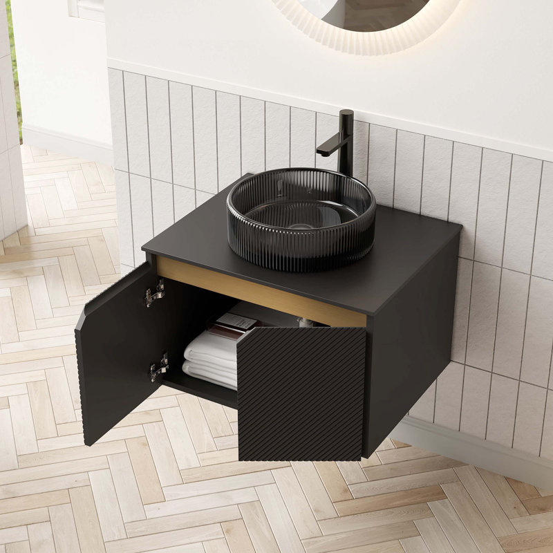 Meuble-lavabo mural en contreplaqué flottant avec portes décoratives et lavabo en verre transparent