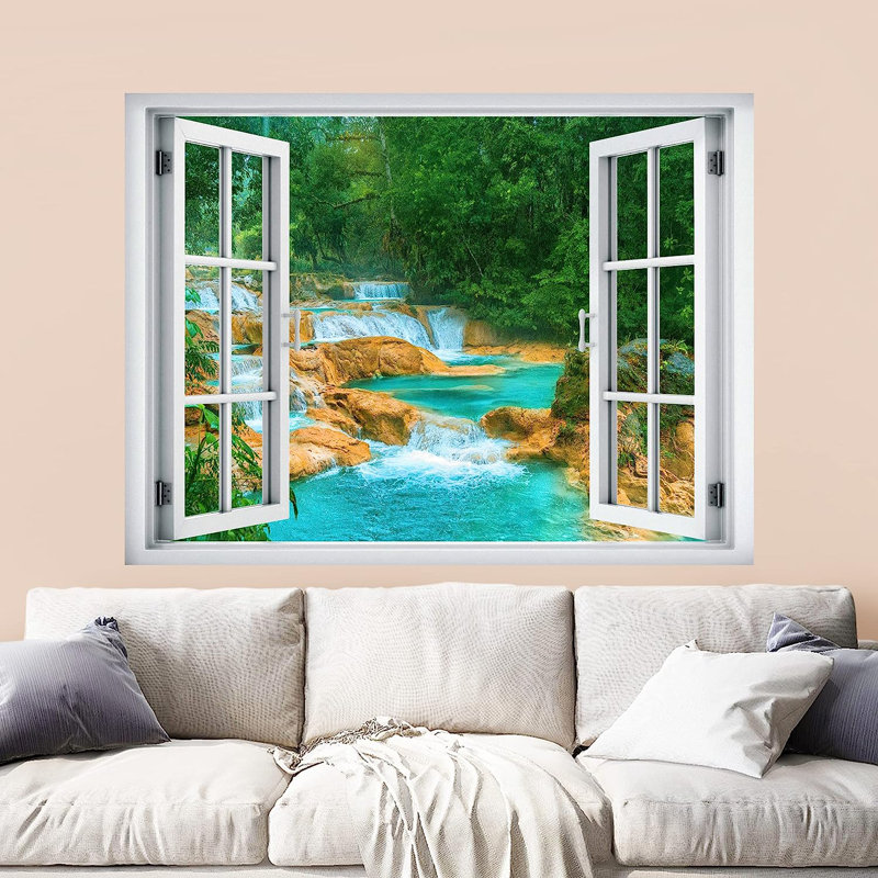 Murale Vibrant Green Forest Mountain River Rapids, L 32 po x l 24 po