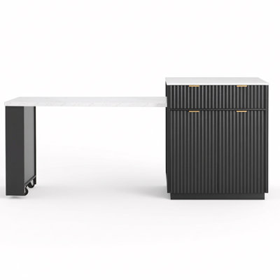 Îlot de cuisine cannelé 82,6 po avec table de salle à manger extensible pour 4 à 6 personnes, table d'îlot de cuisine avec prise de courant, table de cuisine avec rangement double, 2 tiroirs et 2 tablettes ouvertes latérales