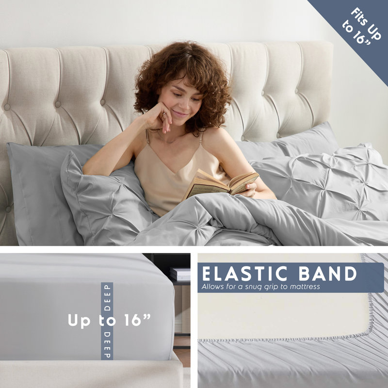 Bed-in-A-Bag Pleated Comforter Set with Bed Sheets, King Comforter + 6 Additional Pieces, Light Gray