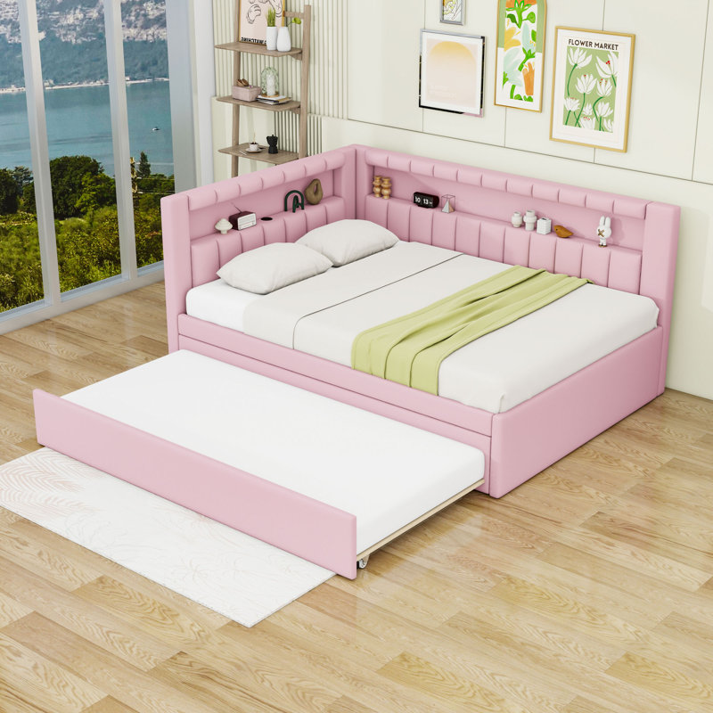 Full Size Linen Upholstered Daybed with LED Lighting, USB Charging Ports and Twin Trundle, Pink