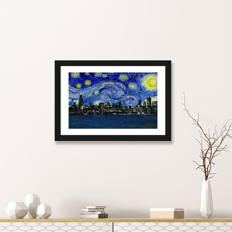 Chicago, Illinois, nuit étoilée, impression d'art graphique, H 24 po x l 32 po x P 1 po, Papier encadré noir