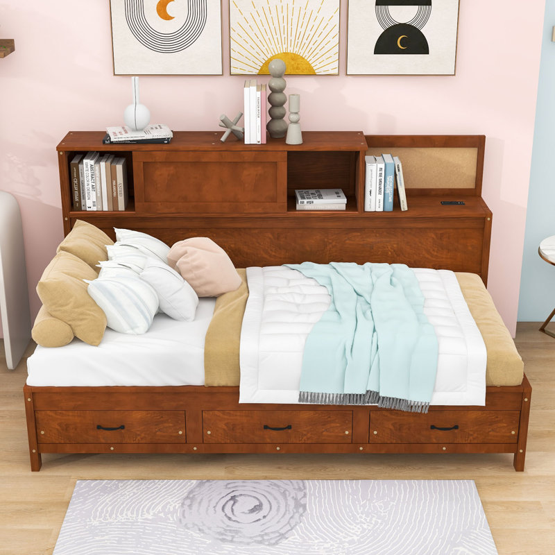 3 Drawers Wooden Daybed with Pushable Shelf, USB & Socket Charging Station, Walnut, Twin