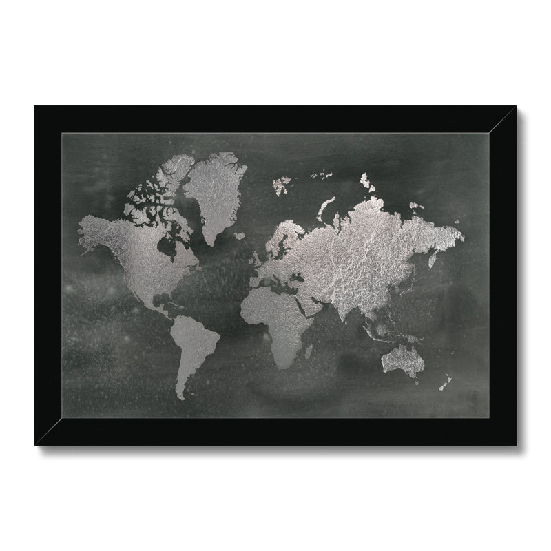Large Silver World Map On Black Wash by Jennifer Goldberger - Painting, Black Framed Paper Print, 24cm H x 34cm W