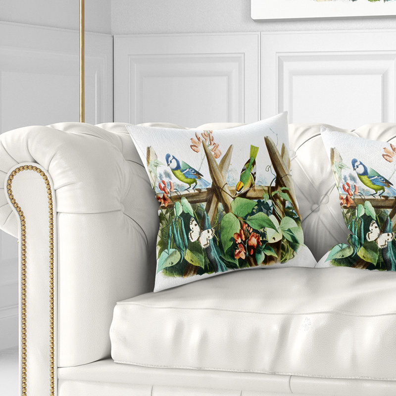 Oiseaux colorés assis sur des branches - coussin à imprimé floral, 16 po x 1 po, Coussin décoratif