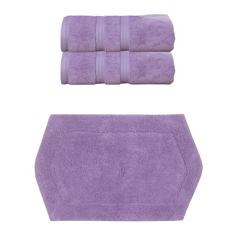 Bryd Collection 100% Soft Cotton 2 Pc Bath Towel Set & 1 Pc Bath Rug, (Set of 3), Purple