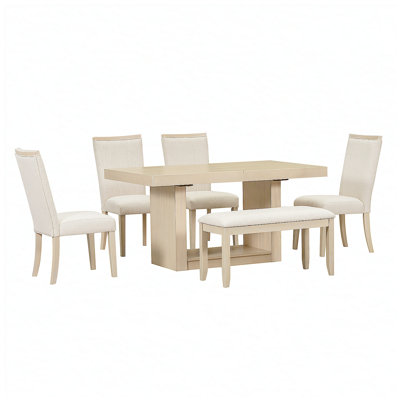 Contemporary 6-Piece 78-Inch Extendable Pedestal Dining Table Set with Removable Leaf, Upholstered Chairs, and Bench for Versatile Seating