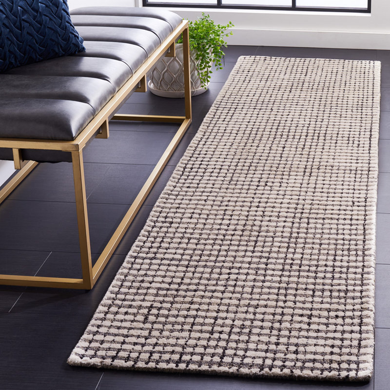 Handmade Abstract Grey/Ivory Wool Runner Rug 27" x 7"