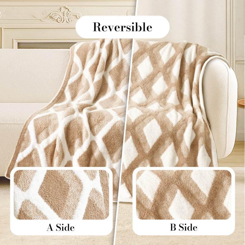 Reversible Checkered Throw Blanket, Beige Geometric