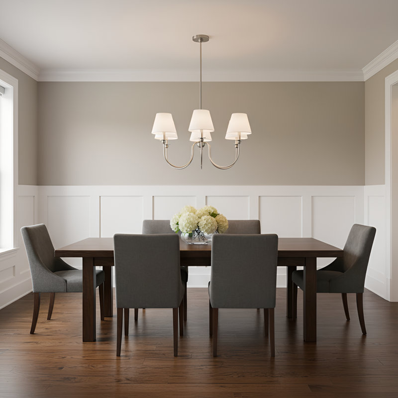 Elsay Dining Room Chandelier With White Linen Shade, 5 Lights, 23.5" H x 27" W x 27" D, Brushed Nickel