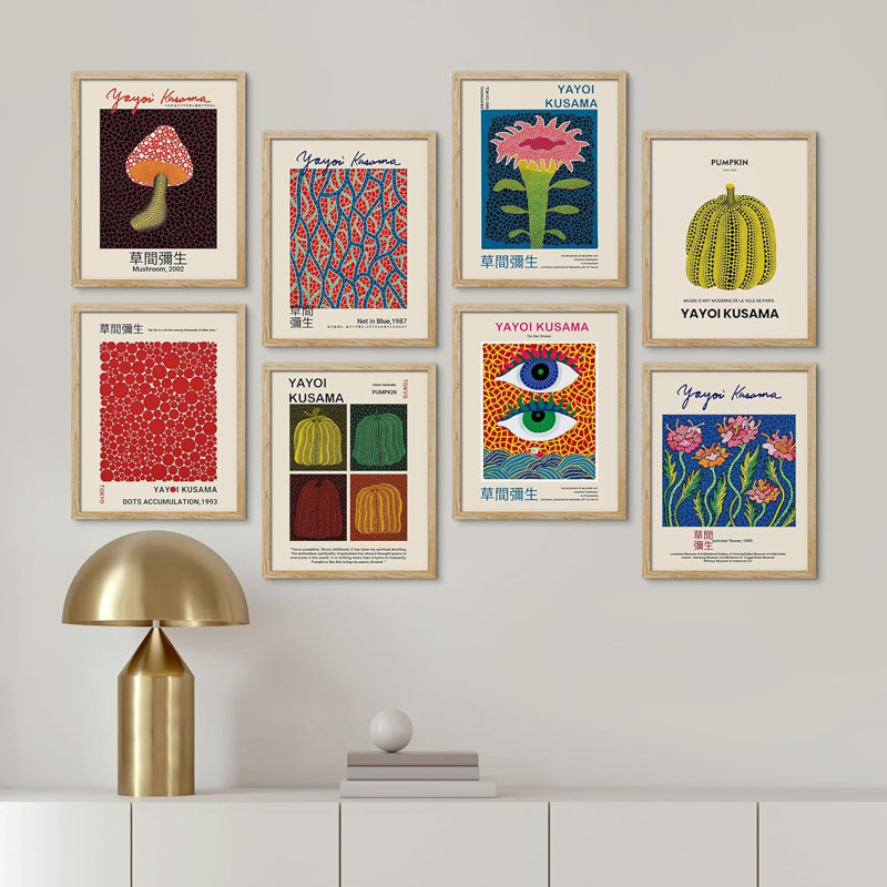 " Mushroom Abstract Botanical Blue Red Dots Japanese Pumpkin By Yayoi Kusama " 8 - Pieces, 14" H x 11" W x 1" D, Natural