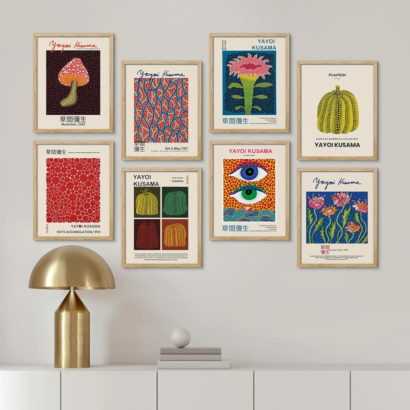 " Mushroom Abstract Botanical Blue Red Dots Japanese Pumpkin By Yayoi Kusama " 8 - Pieces, 16" H x 12" W x 1" D, Natural