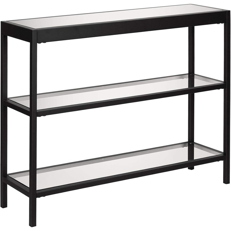 Modern Rectangular Console Table With Blackened Bronze Steel Frame And Tempered Glass Top For Entryway, Living Room, Or Hallway