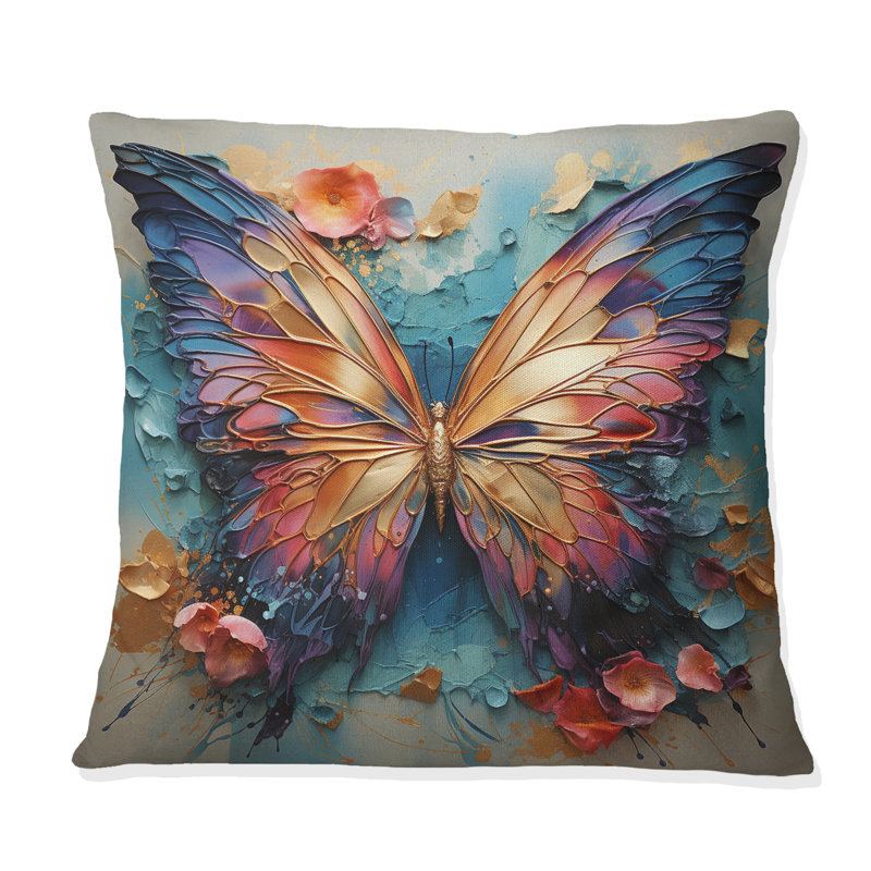 Coussin décoratif imprimé papillon orange et bleu