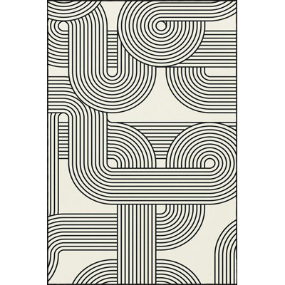Black Themed Knotted Interlocking Striped Patterned Decorative Washable Rug