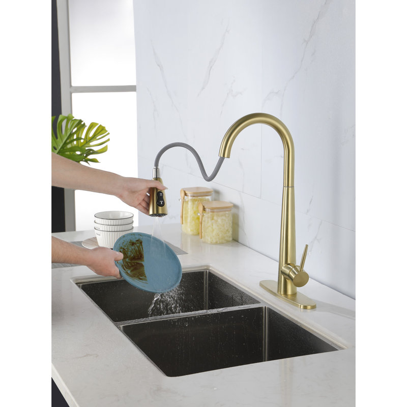 Gold Pull Out Kitchen Tap - Fingerprint-, Single Hole Deck Install, 360 Rotating Spray Outlet, Fine Stainless Steel Sink Faucet With Pull-Down Head Fingerprint , Installation, Rotatable Discharge
