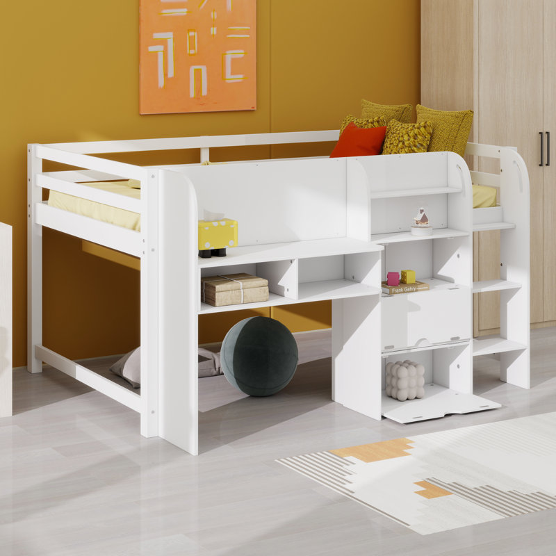 Solid Wood Loft Bed Frame With Storage Cabinets, Bookcase And Whiteboard For Graffiti, White