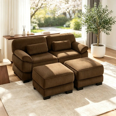 76.4" Brown Corduroy U-Shaped Modular Sectional Sofa, 2 Ottomans & Thick Cushions, No Assembly