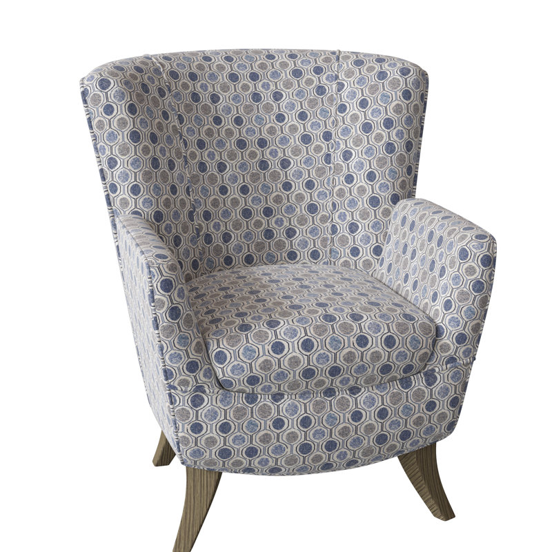 Bethany Upholstered Armchair, Smokey Blue Multicolored Performance, Honey Birch