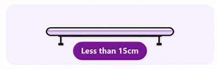 A horizontal black wall-mounted shelf with a purple light fixture underneath, featuring a purple label that reads Less than 15cm.