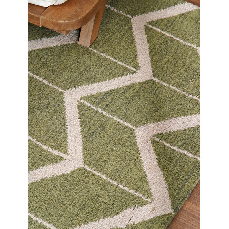 Green | Beige Wool Handmade Geometric Hand Knotted Rectangle Indoor Area Rug, Rectangle 5' x 8'