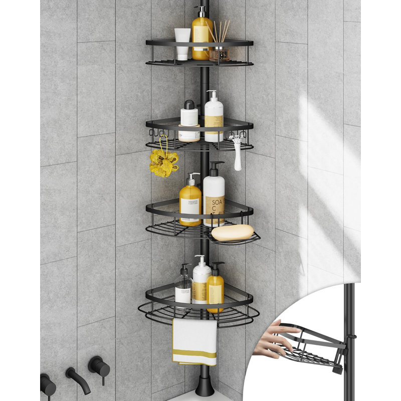 Étagère d'angle antirouille pour douche, barre de tension, idéale pour organiser votre salle de bain. Étagères réglables en quelques secondes, paniers et barres en acier inoxydable, 4 niveaux de rangement pour porte-shampoing, compatible avec les douches de 86 à 295 cm (34 à 116 pouces), noir.