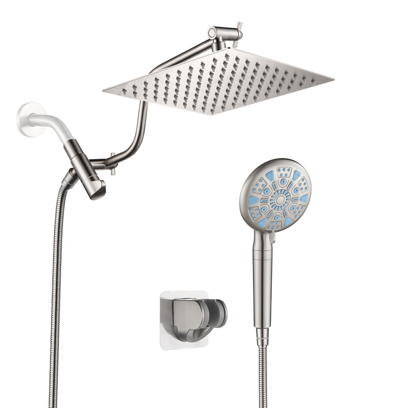 Pommes de douche 8 pouces avec douchette à main à 9 réglages et bras courbé réglable Nickel brossé, Nickel brossé