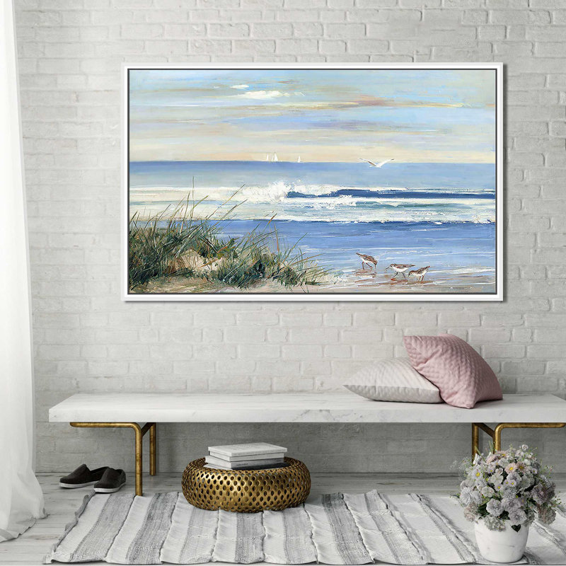 Beach Combers par Sally Swatland - Peinture, H 21,5 po x l 33,5 po, Reproduction avec cadre flottant, White