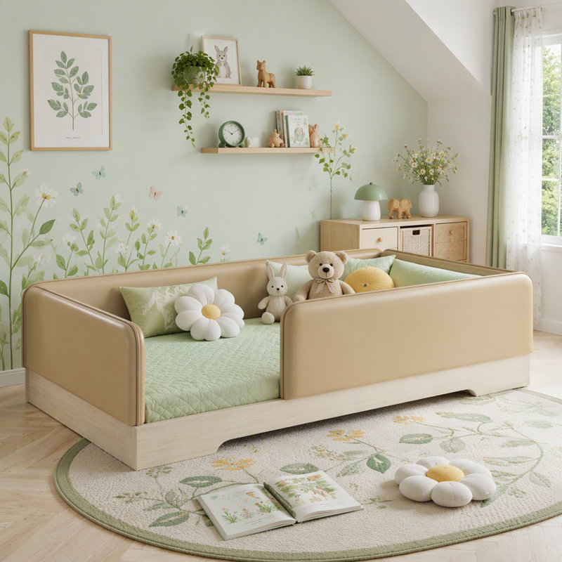 Structure de lit en faux cuir Montessori avec garde-corps amovibles, Lit simple, Brun