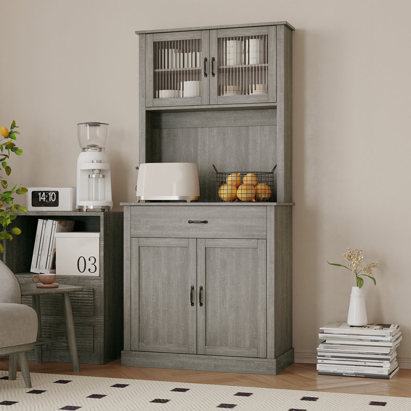 Garde-manger autoportant 71 po avec portes en verre, support pour micro-ondes et tiroir de rangement - grande rehausse de rangement pour la cuisine ou la salle à manger 71 po