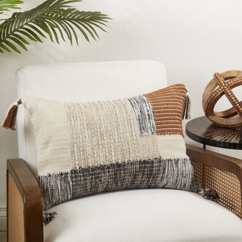 Geometric Bliss Beige and Brown Tasseled Throw Pillow