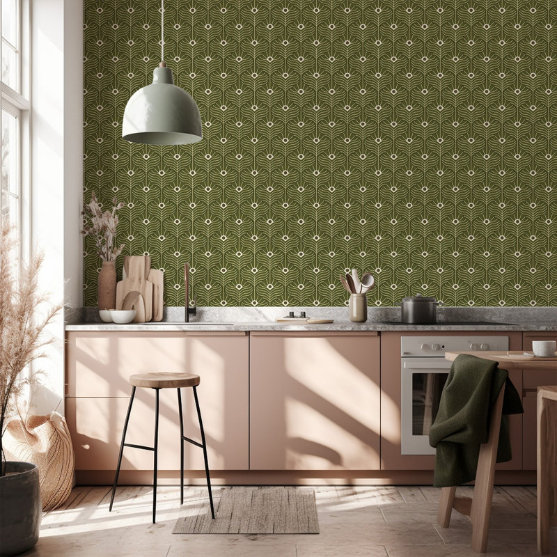 Moroccan Peacock 10' L x 24" W Wallpaper Roll, Olive, Faux Grasscloth