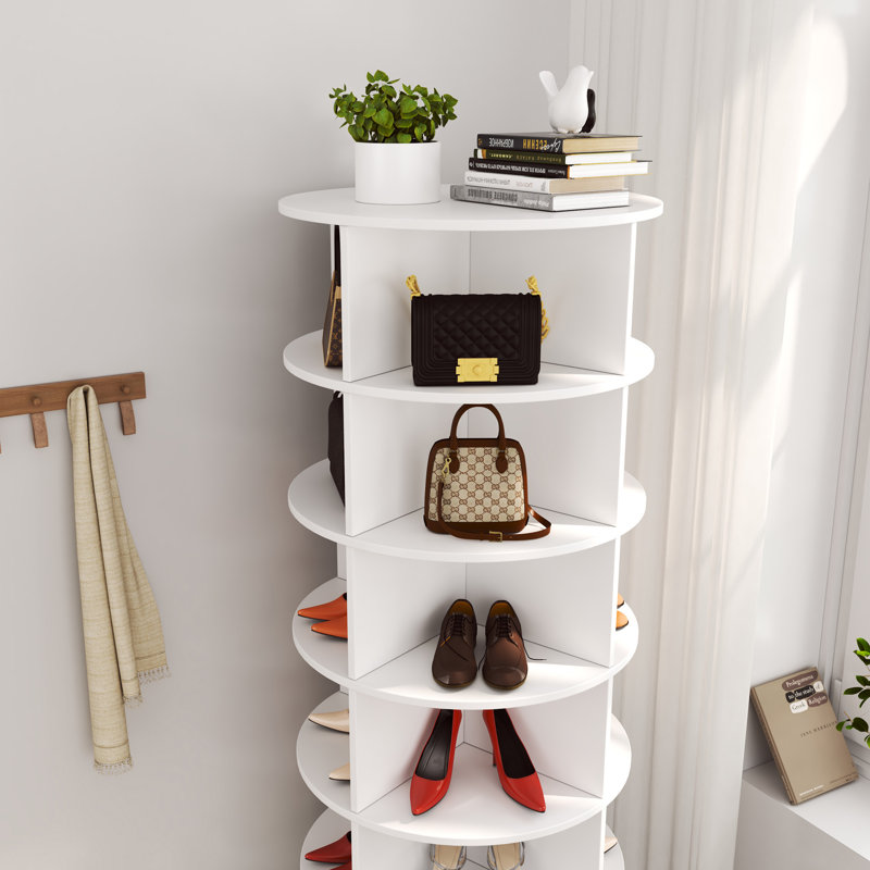 Étagère à chaussures rotative à 360 ° pouvant contenir jusqu'à 28 paires, organisateur de chaussures rotatif blanc à 7 niveaux, range-chaussures en bois et sac à main