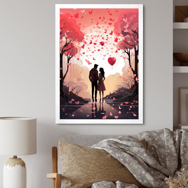 Couple Love Under The Tree III - Paysage romantique, art mural, Cadre simple blanc, H 32 po x l 16 po x P 1 po
