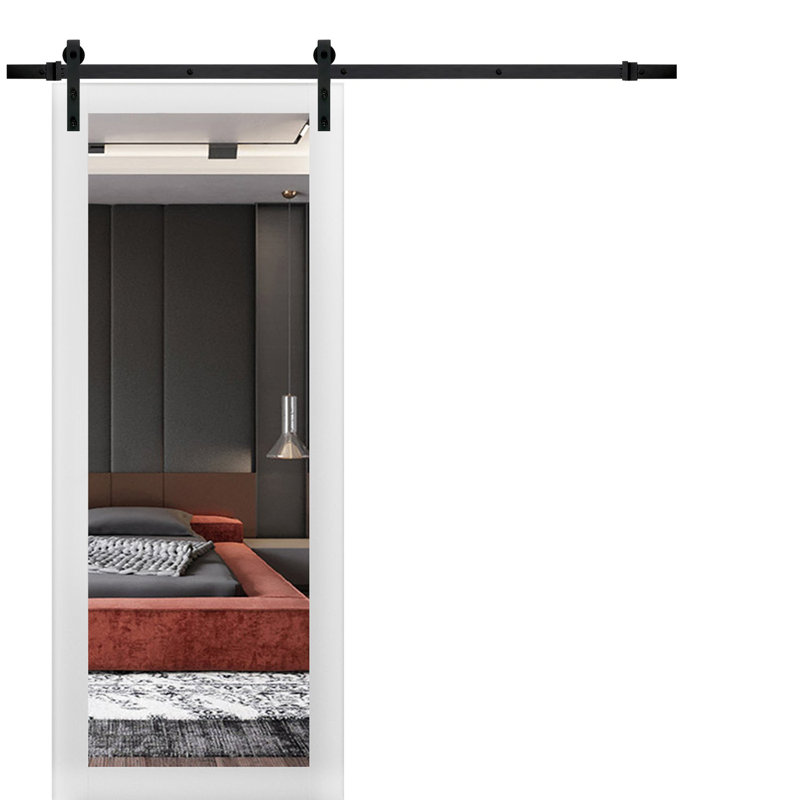 Porte de grange en bois avec miroir Lucia, Noir, 32 po x 84 po, Noir, noir, noir, noir