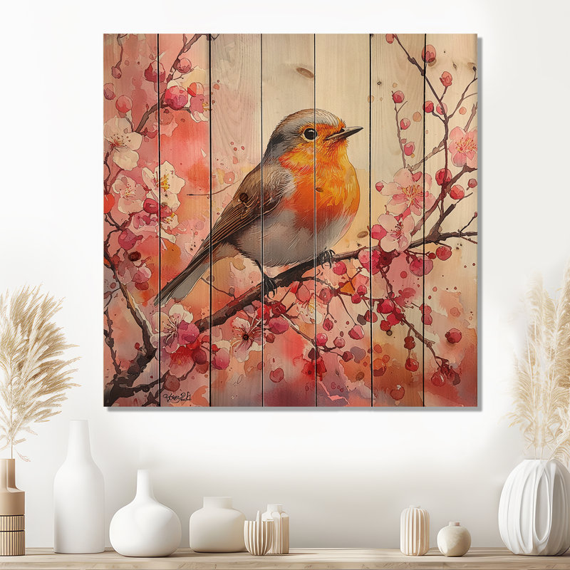 Oiseau de merle au printemps, I - Art mural en bois sur bois de pin naturel, H 30 po x l 30 po x P 0,78 po