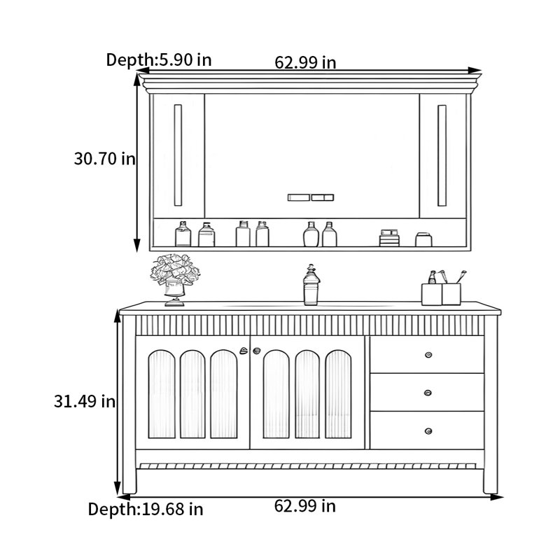 Armoire de salle de bain moderne de style américain, 63"