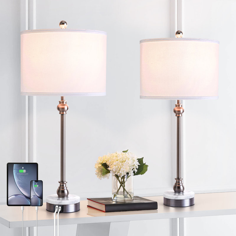  28.5" Modern Transitional Marble Table Lamp with USB & Type-C Ports Tall Dining Lamp for Bedroom Living Room