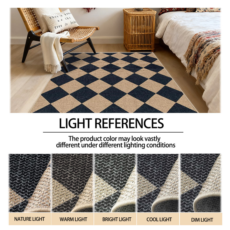 Checkered Jute Rug Machine Washable Checkered Pattern Rug Minimalist and Stylish Perfect for Bedrooms, Living Rooms, and Hallways