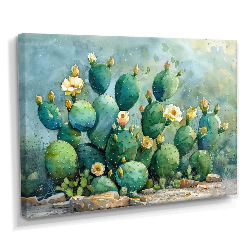 Vert, jaune, désert, jardin de cactus III - art mural floral cactus, Toile tendue, H 30 po x l 40 po x P 1,5 po
