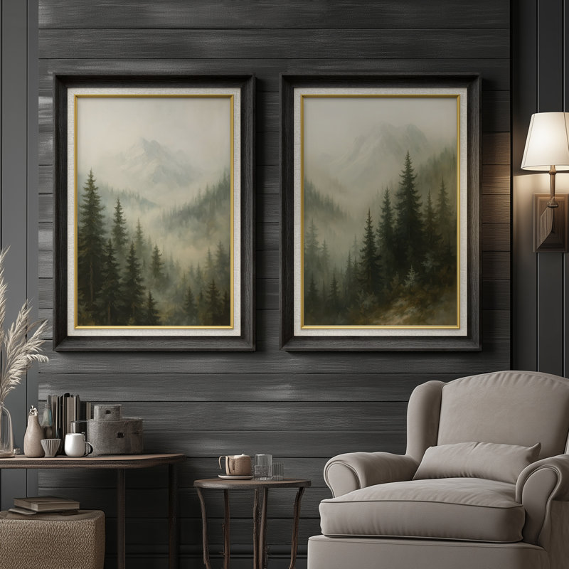 «Mystic Mountain Pine Layers», ensemble de 2 reproductions d'art murales encadrées de qualité supérieure sur papier 26 po x 36 po